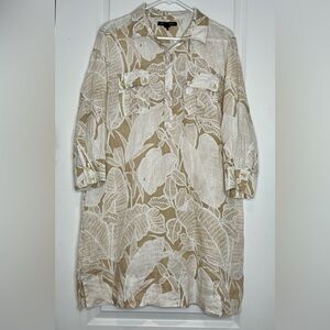 Tommy Bahama Ivory Shirtdress Tan Leaf Pattern women’s size L Linen Midi